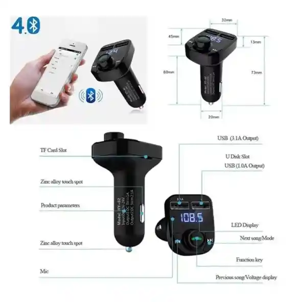 Receptor Bluetooth Para Auto Transmisor Fm Mp3 Carga Usb