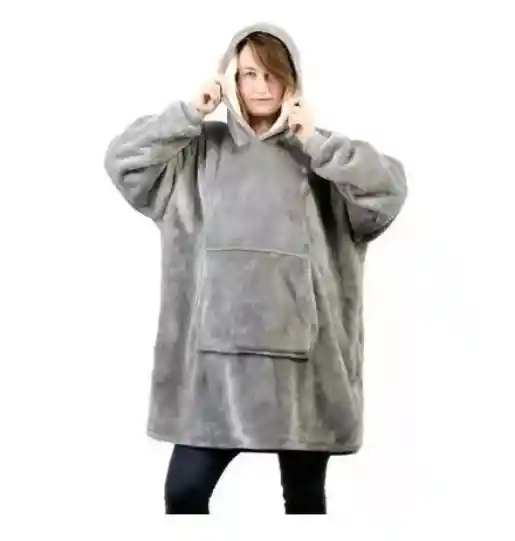 Poleron Felpa Con Capucha Manta Polar Bata Frazada Gris
