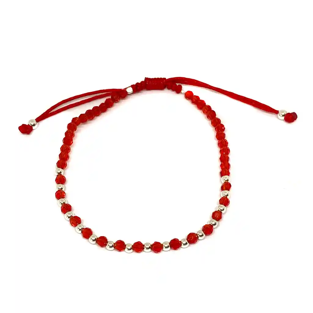 Pulsera Cristal Redondo Rojo Facetado Plata Fina 925 Cordón Rojo