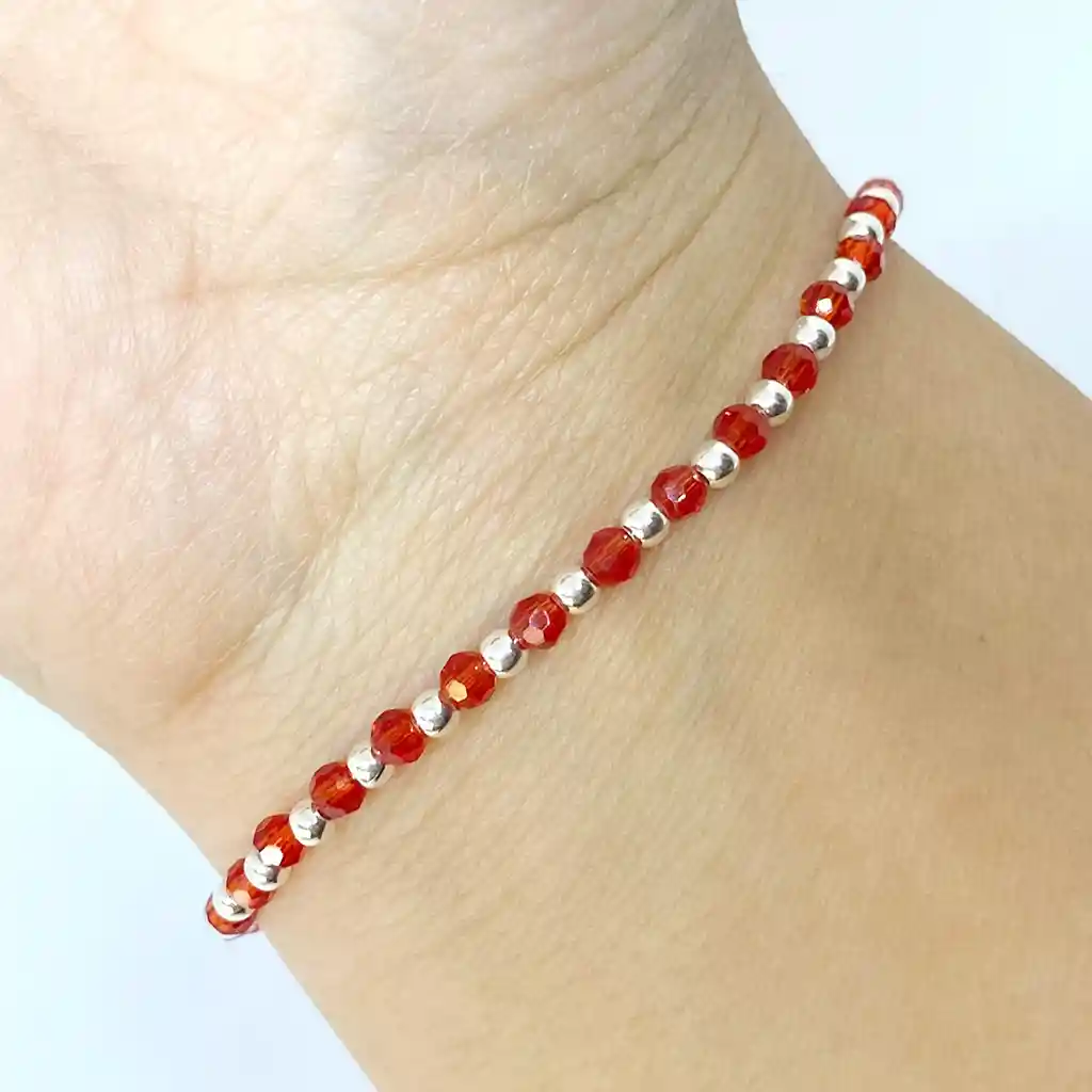 Pulsera Cristal Redondo Rojo Facetado Plata Fina 925 Cordón Rojo