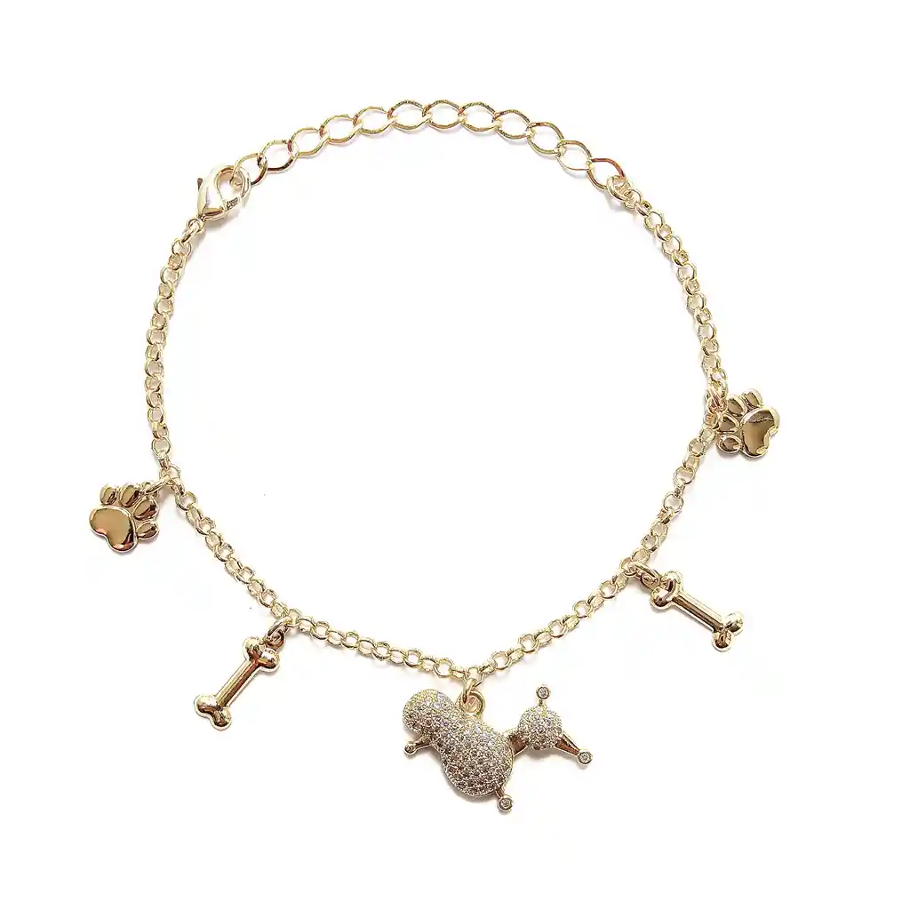 Pulsera Poodle Huesos Huellas Enchapada Oro 18k