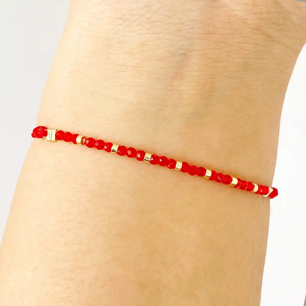 Pulsera Cristal Rojo Enchapado Oro 18k Cordón Rojo