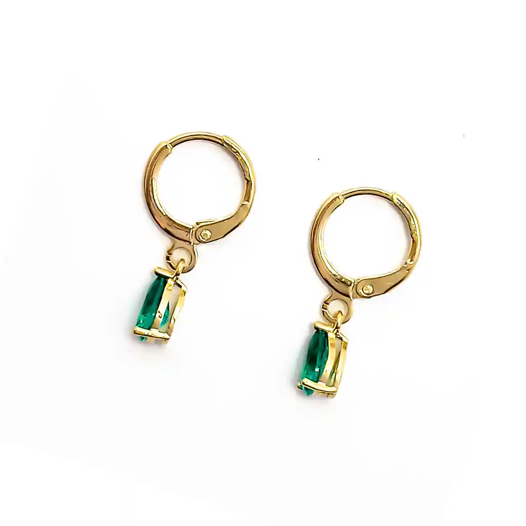 Aros Argolla Circón Gota Verde Enchapado Oro 18k