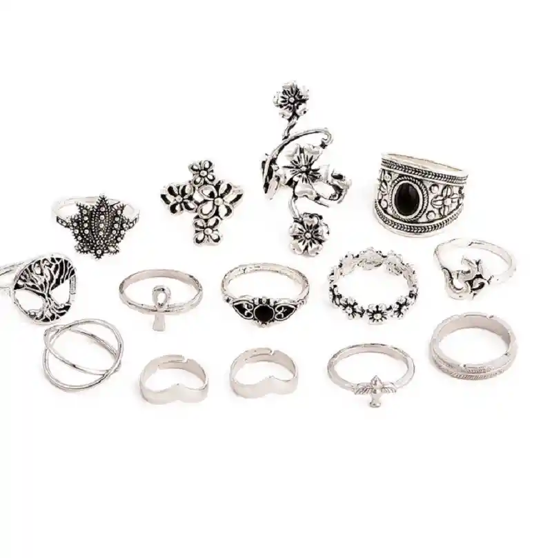 Set 14 Anillos Flor Loto Midi Ajustables Vintage Nudillo Ave