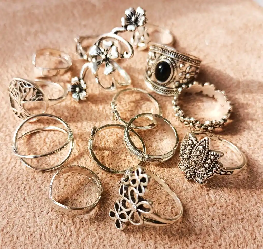 Set 14 Anillos Flor Loto Midi Ajustables Vintage Nudillo Ave