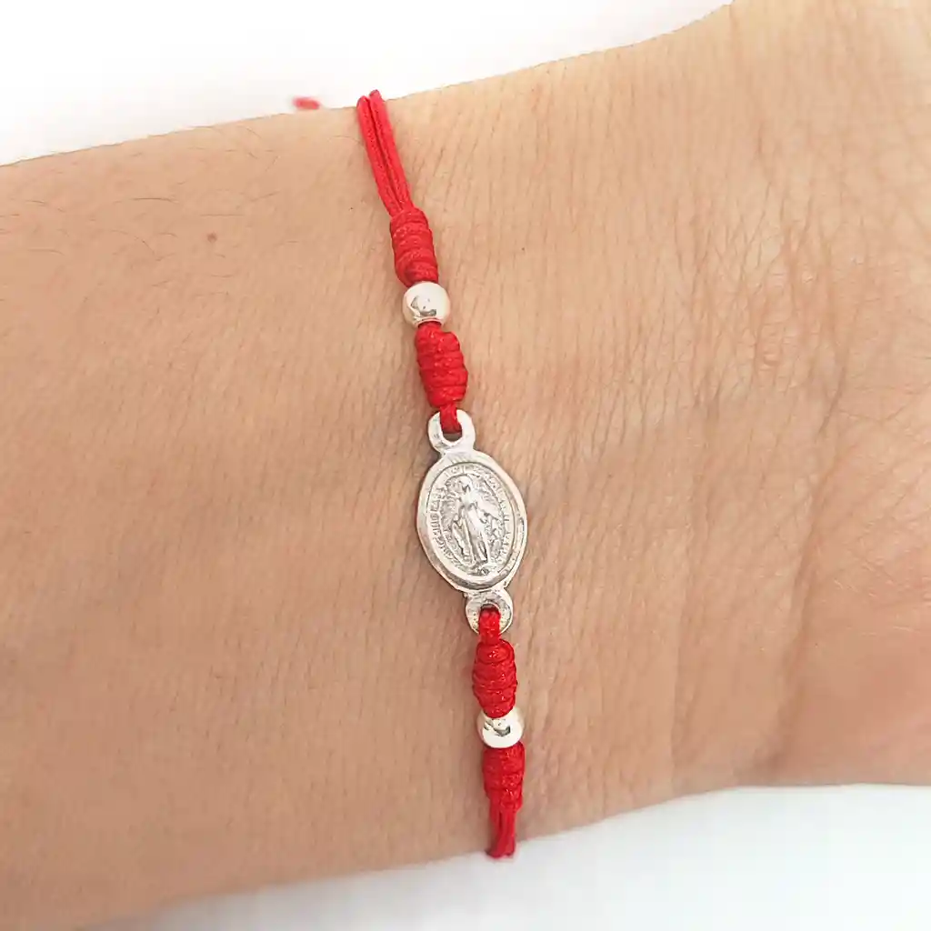 Pulsera Virgen De Los Rayos Plata Fina 925 Cordón Rojo