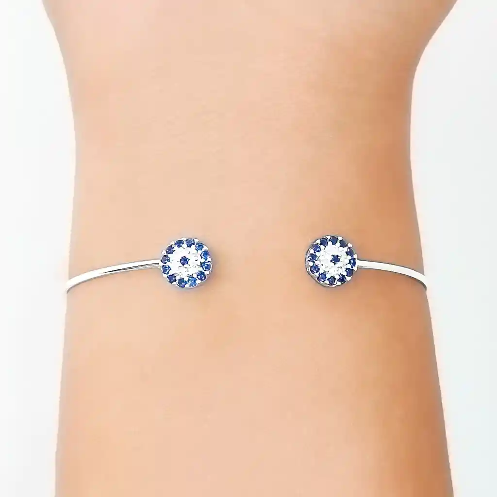 Pulsera Esclava Dos Ojos Turcos Circones Plata Fina 925