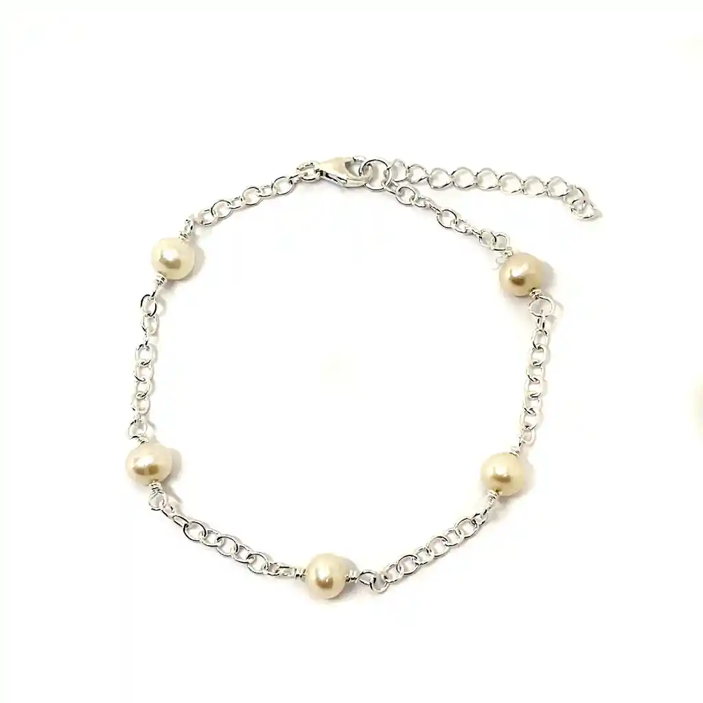 Pulsera 5 Perlas De Río Plata Fina 925