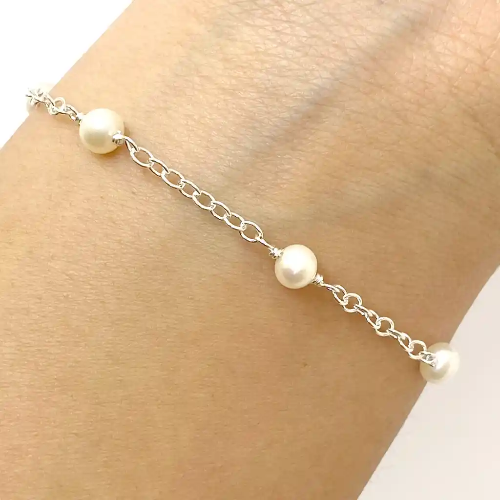 Pulsera 5 Perlas De Río Plata Fina 925