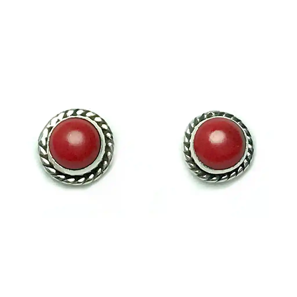 Aros Coral Rojo Redondo Plata Fina 925