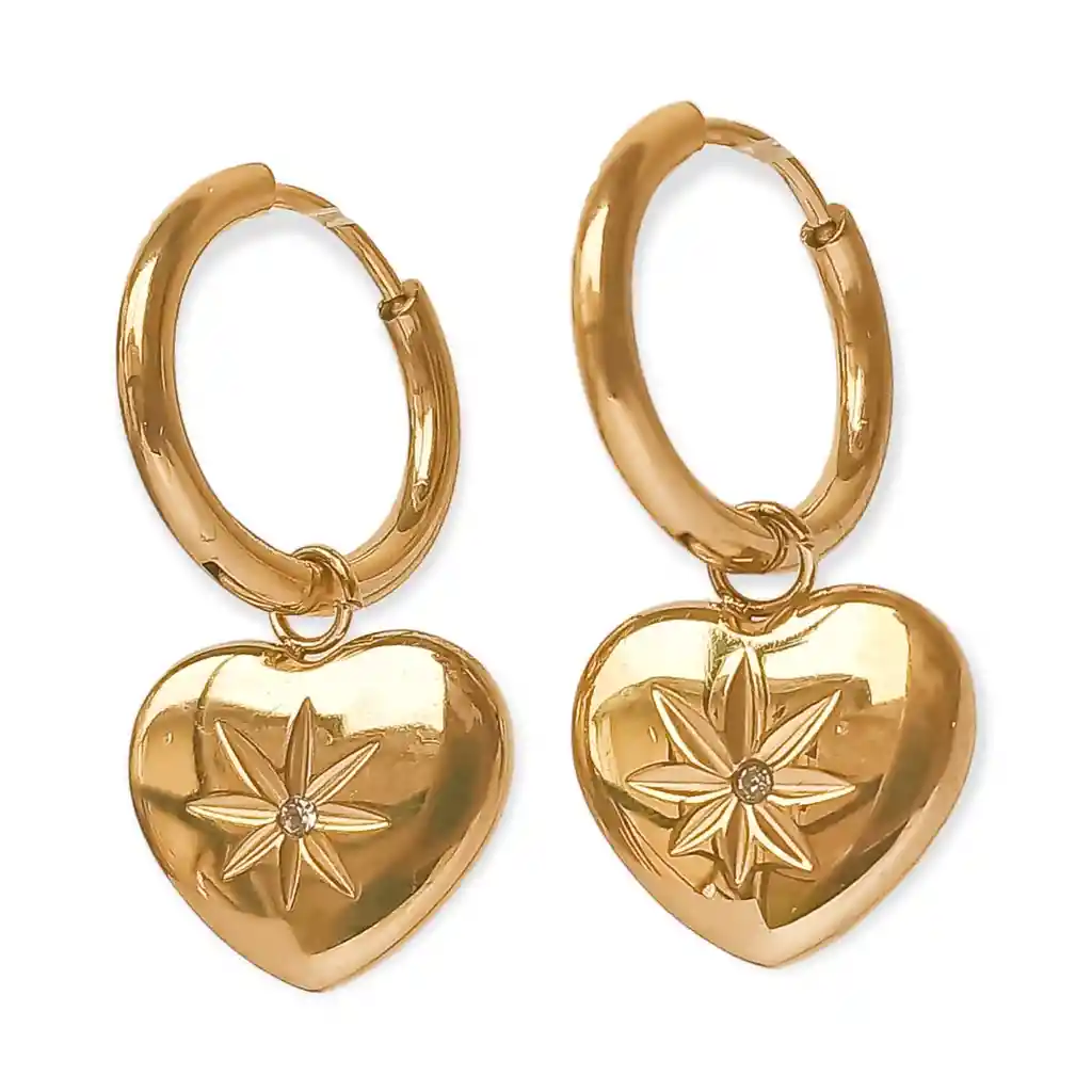 Argolla Huggies Corazon Estrella Zirconia Chapada En Oro 18k