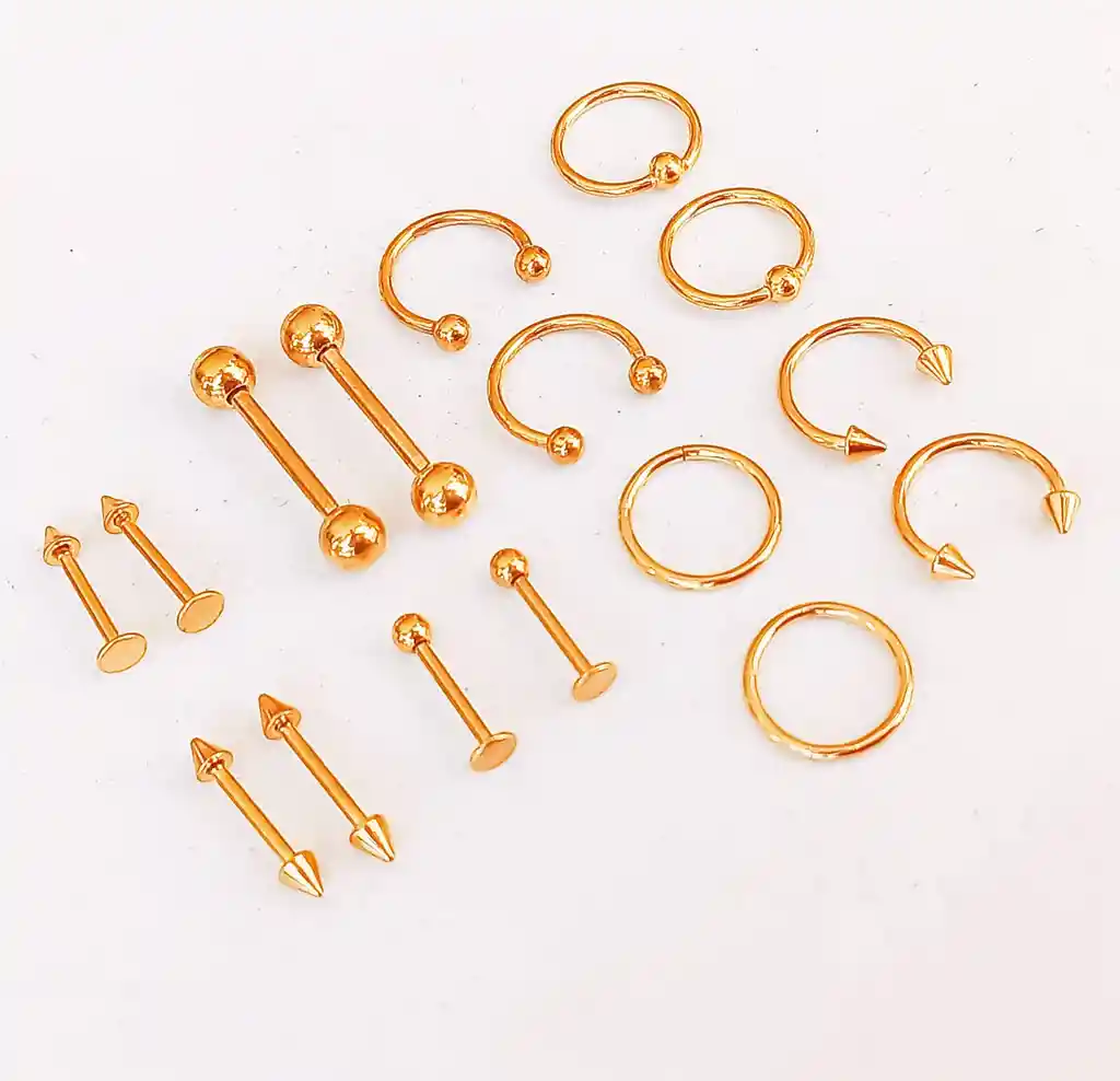 Pack 16 Piercing Tragus Septum Nostril Chapado En Oro 18k