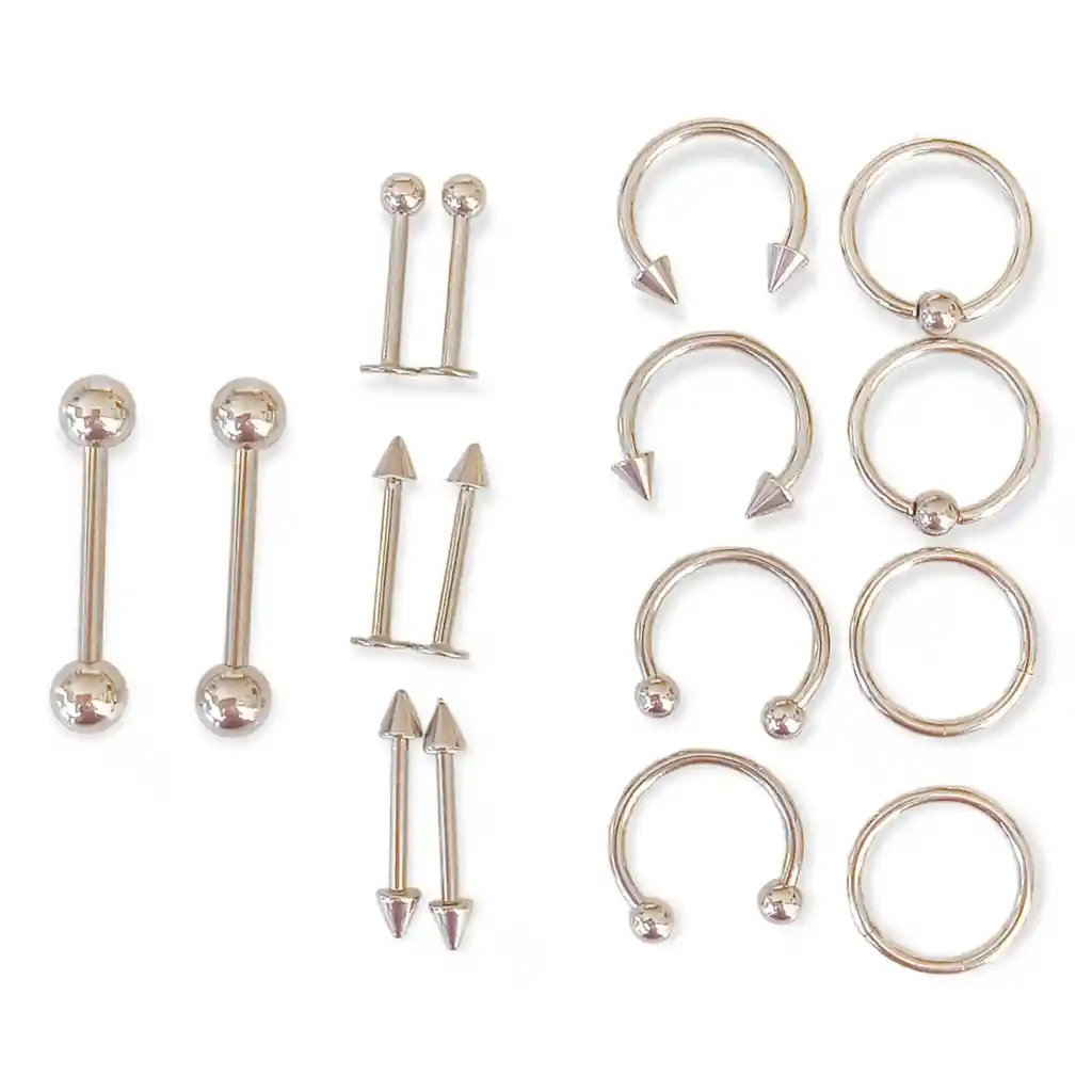 Pack 16 Piercing Plateado Set Tragus Septum Industrial Nostril Helix