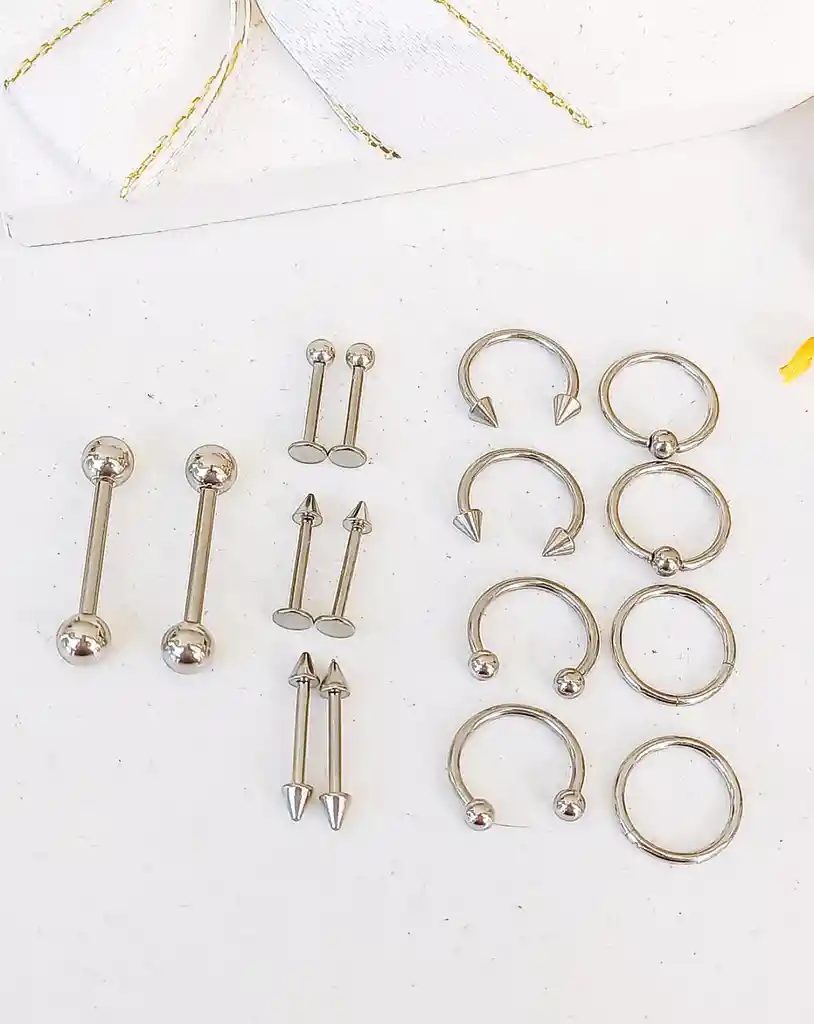 Pack 16 Piercing Plateado Set Tragus Septum Industrial Nostril Helix