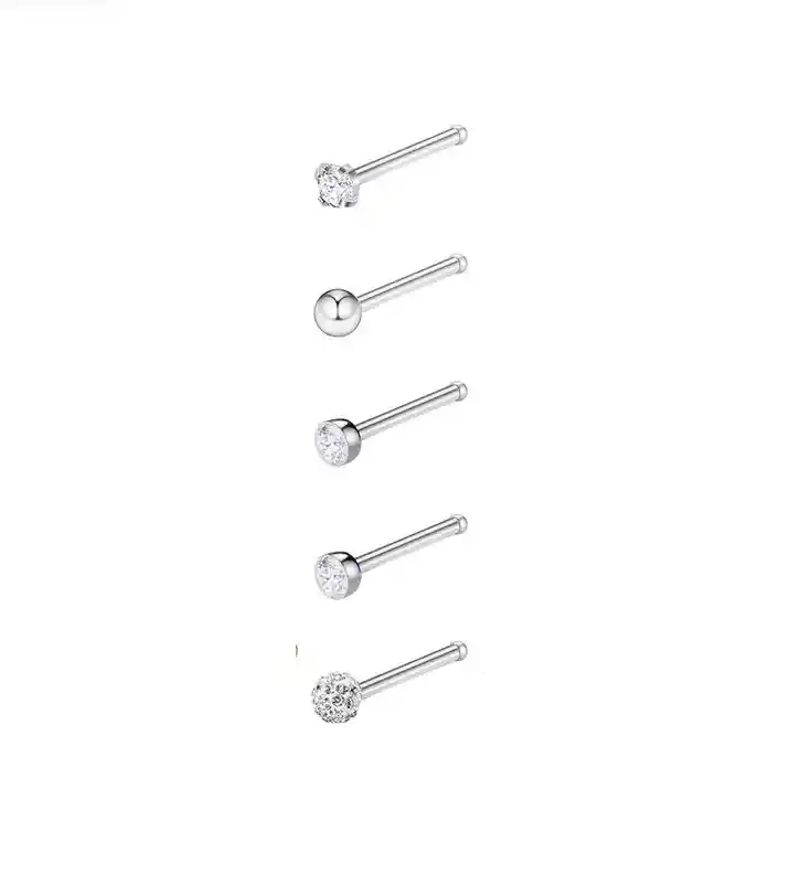 Set 5 Piercing Acero Quirúrgico Nariz Nostril Plateado