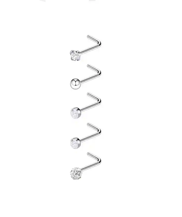 Set 5 Piercing Acero Quirúrgico Nariz Nostril Tipo L Plateado