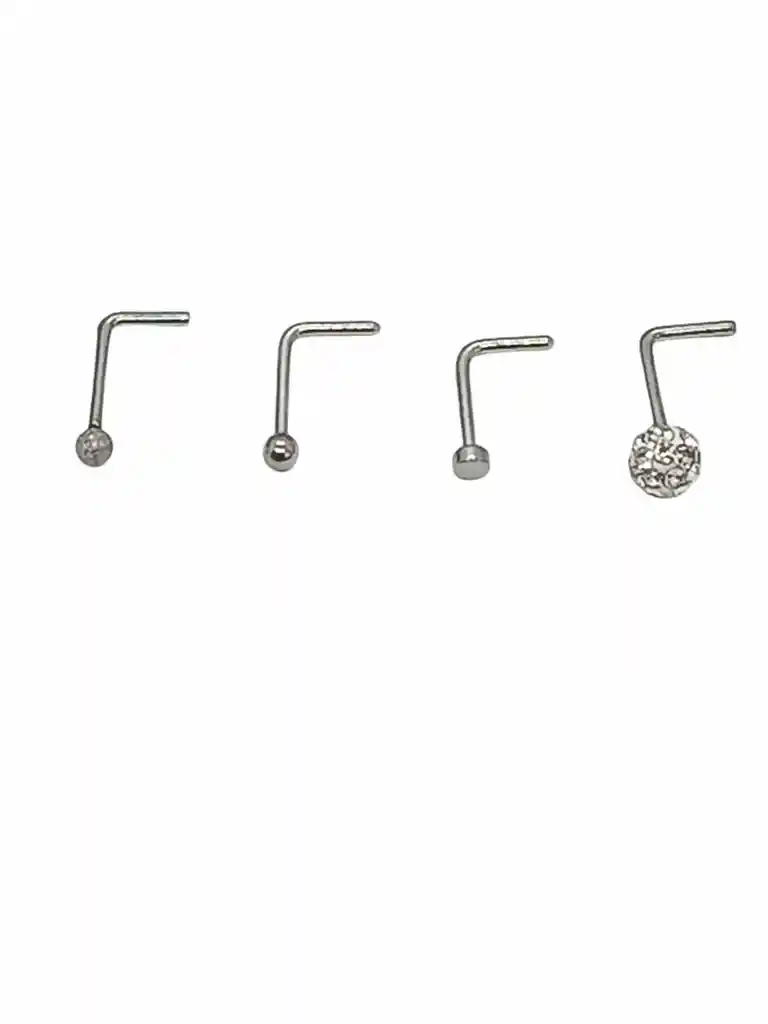 Set 4 Piercing Acero Plateado Nariz Zirconia Nostril Tipo L