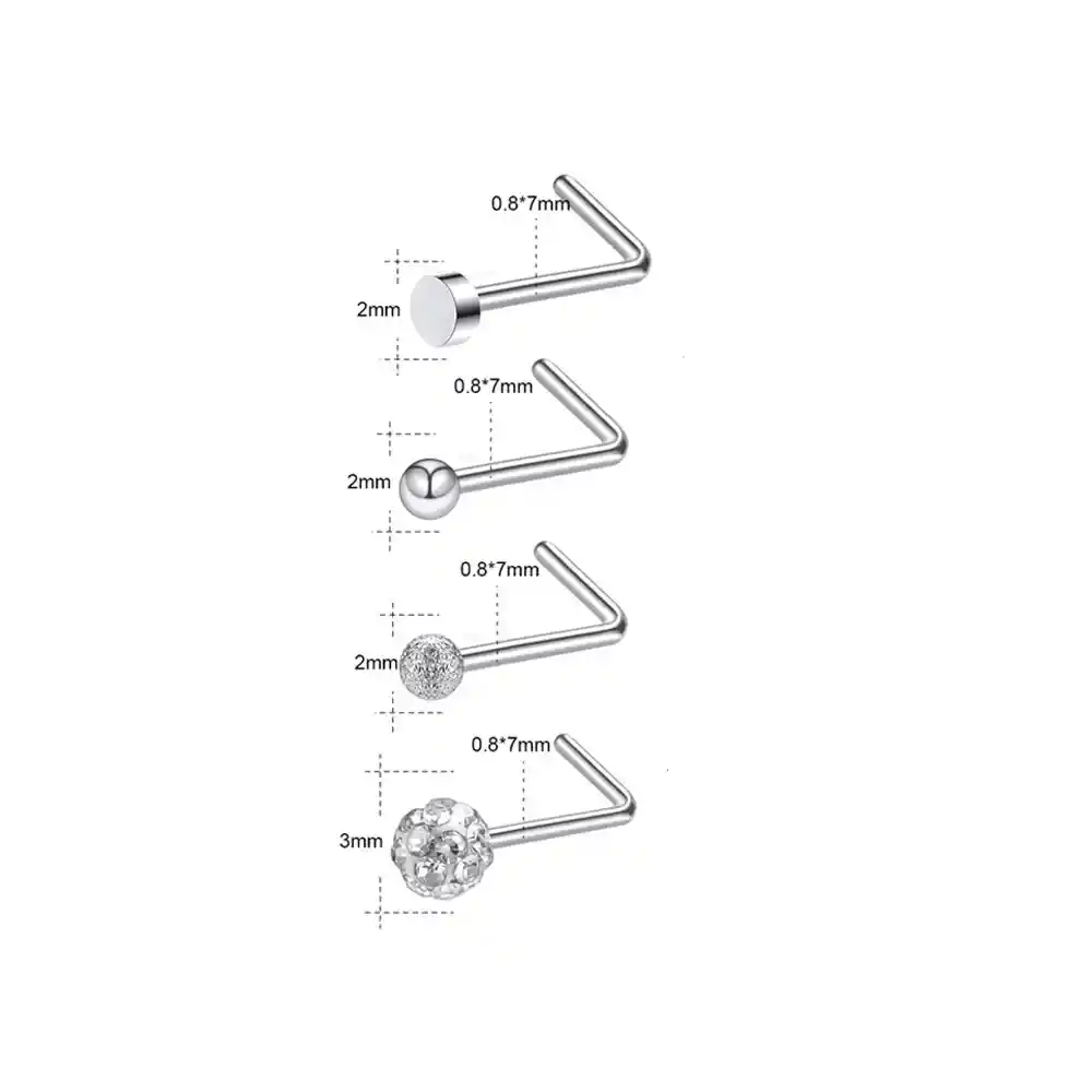 Set 4 Piercing Acero Plateado Nariz Zirconia Nostril Tipo L