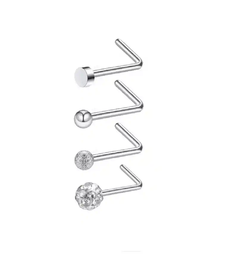 Set 4 Piercing Acero Plateado Nariz Zirconia Nostril Tipo L