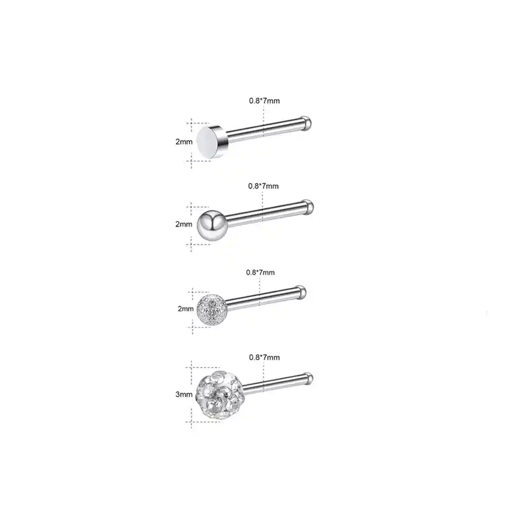 Set 4 Piercing Acero Inoxidable Nariz Zirconia Nostril Punk