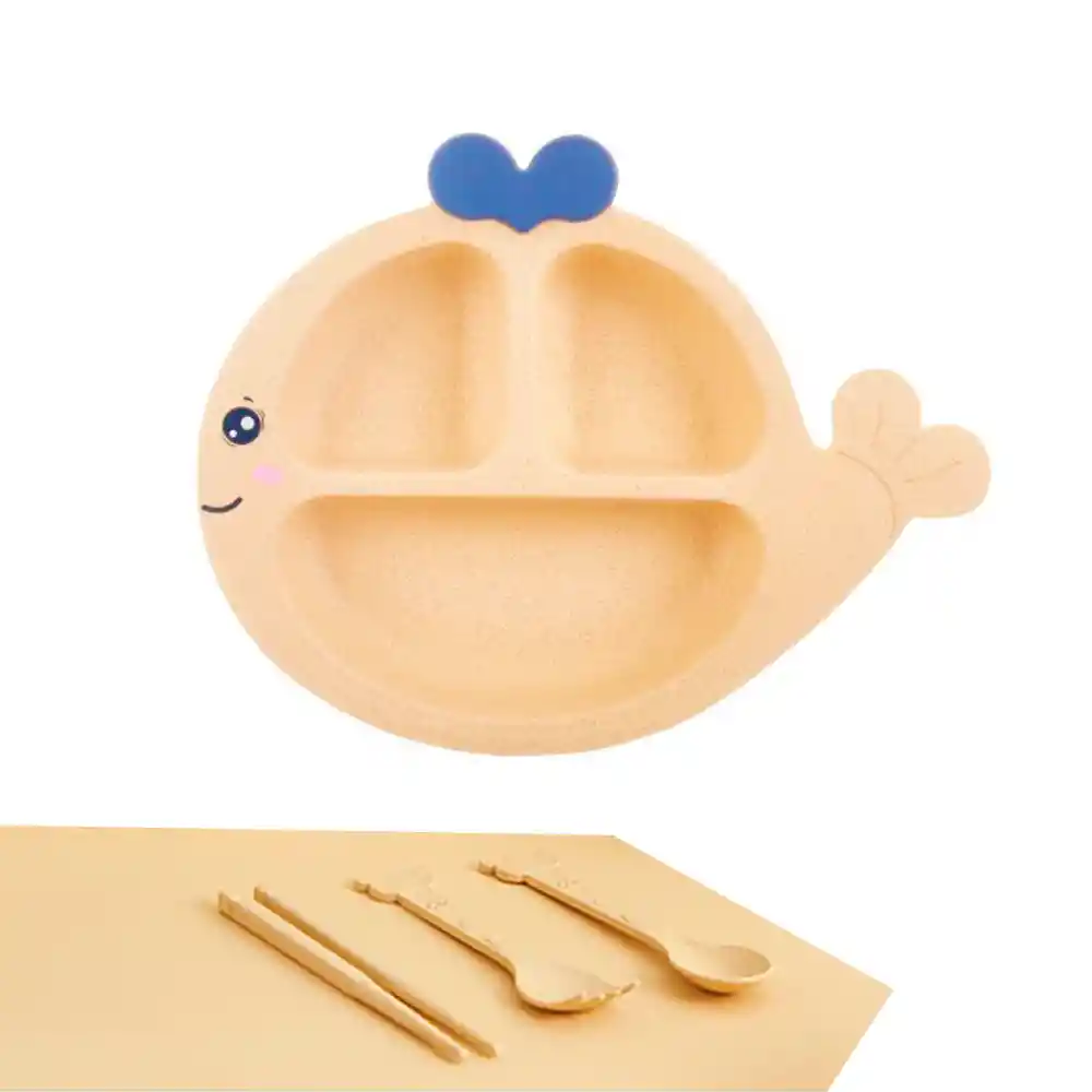 Set Plato Bambú Para Bebe Con Cubiertos Tazón Biodegradable (ballena)