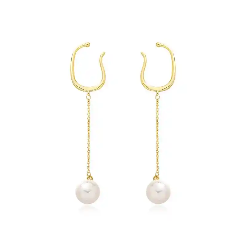 Aros Perla Colgante Earcuff Sin Perforaciones Enchapado En Oro 14k