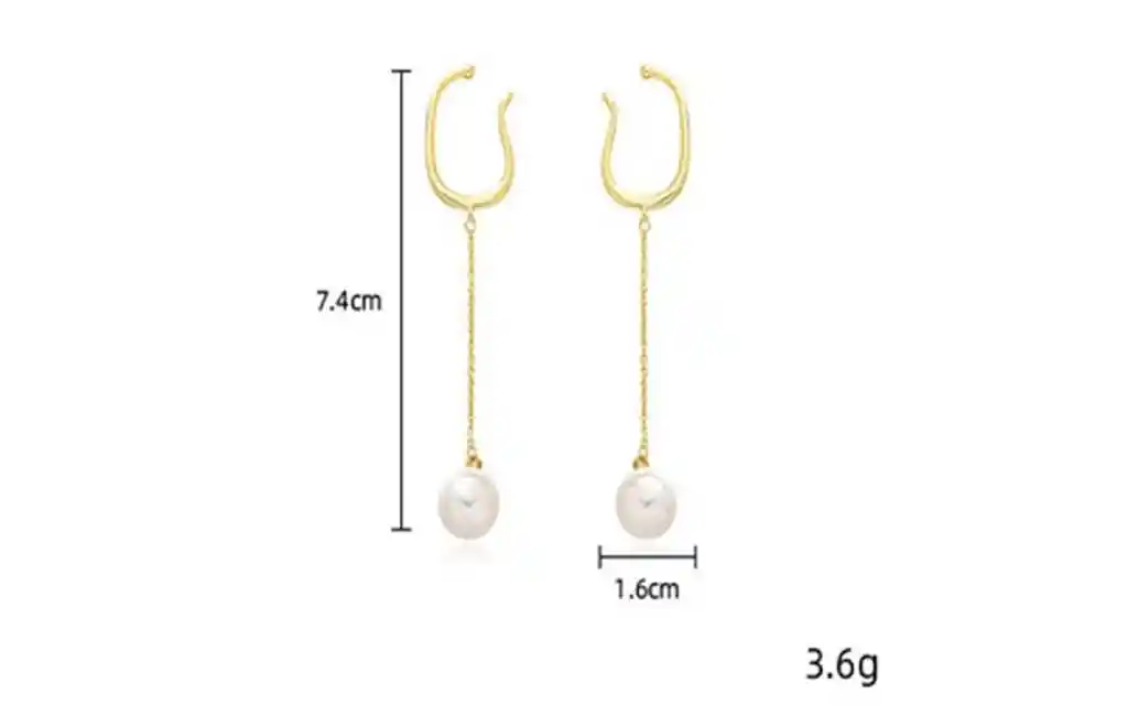 Aros Perla Colgante Earcuff Sin Perforaciones Enchapado En Oro 14k