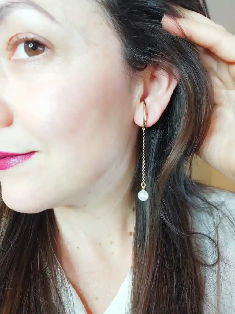 Aros Perla Colgante Earcuff Sin Perforaciones Enchapado En Oro 14k