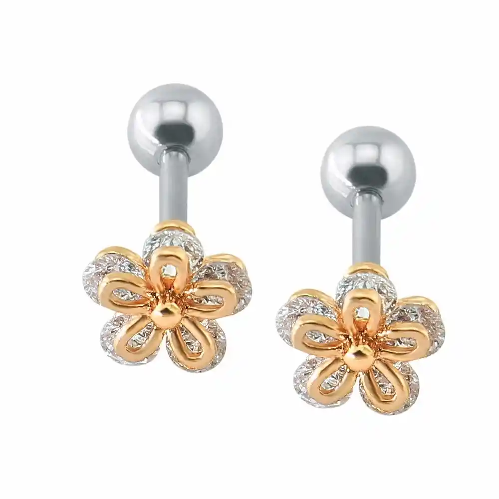 Aros Flor Con Zirconias Niña Adulto Piercing Conch Helix Chapado Oro Rosa 18kl