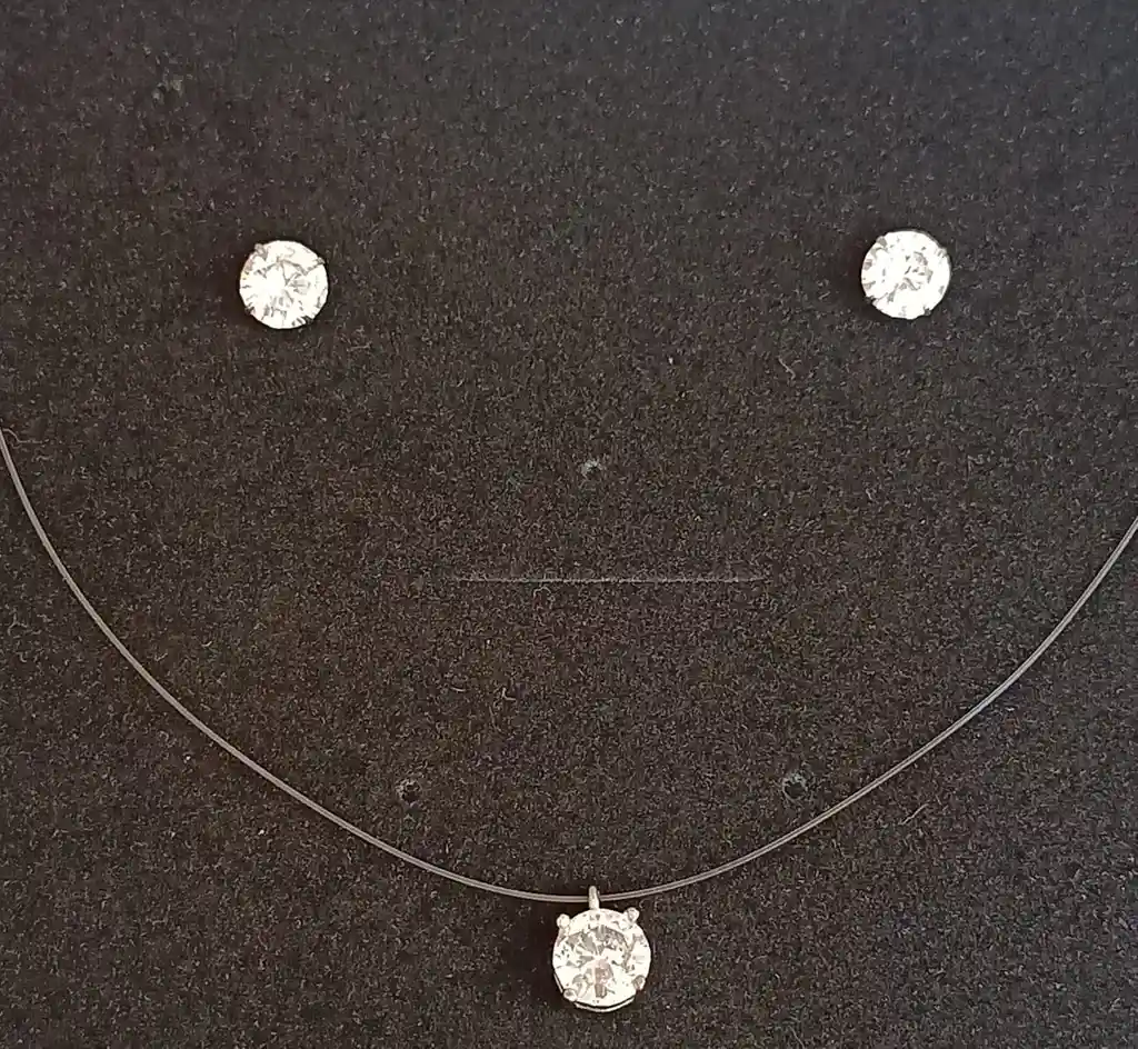 Set Conjunto Collar Nylon Aros Punto De Luz Plata 7mm Amor
