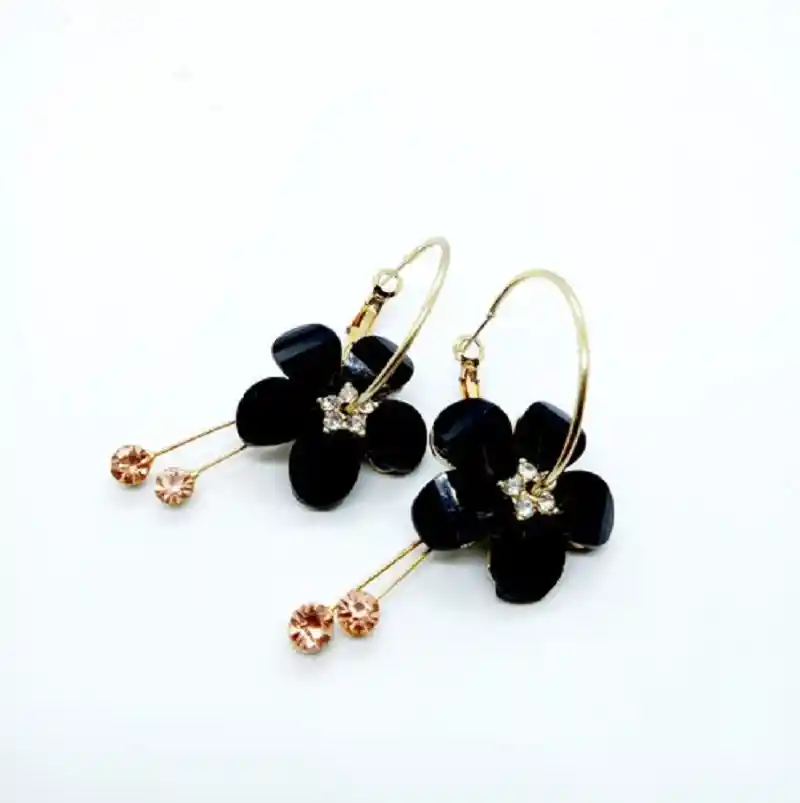 Aro Flor Coreana Cristal Pendientes Negro