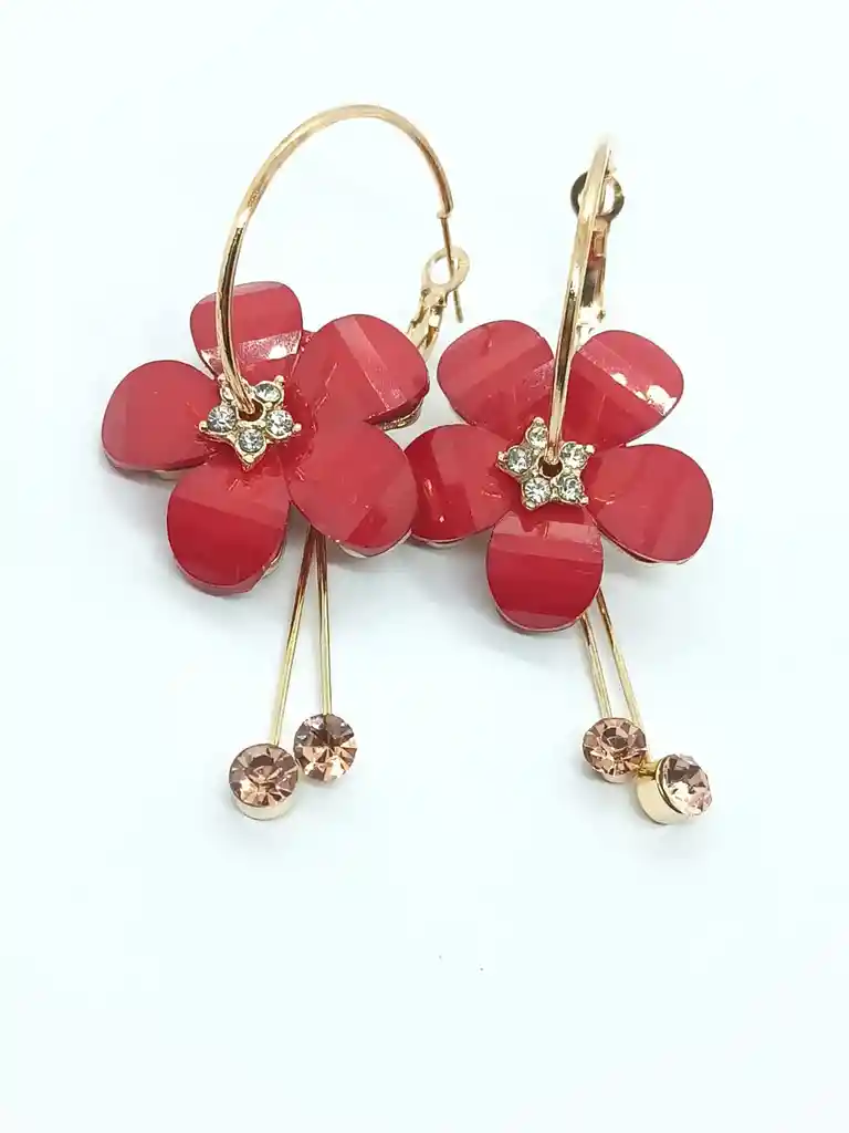 Aro Flor Coreana Cristal Pendientes Rojo