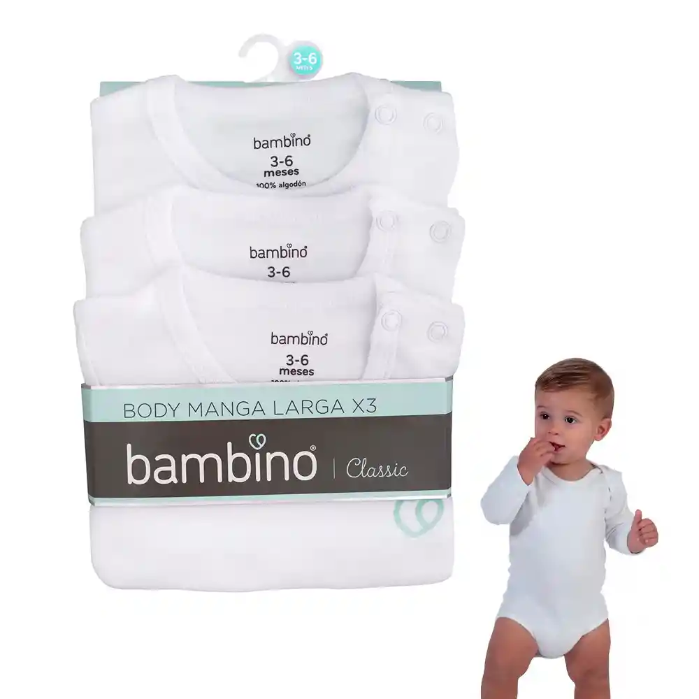 Tripack Body Manga Larga Unisex Blanco Bambino Ropa Bebe (3-6 Meses)