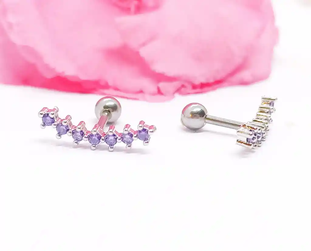 Pendientes Curvos Zirconio Lila Hipoalergénicos Con Tapa De Seguridad Piercing Helix