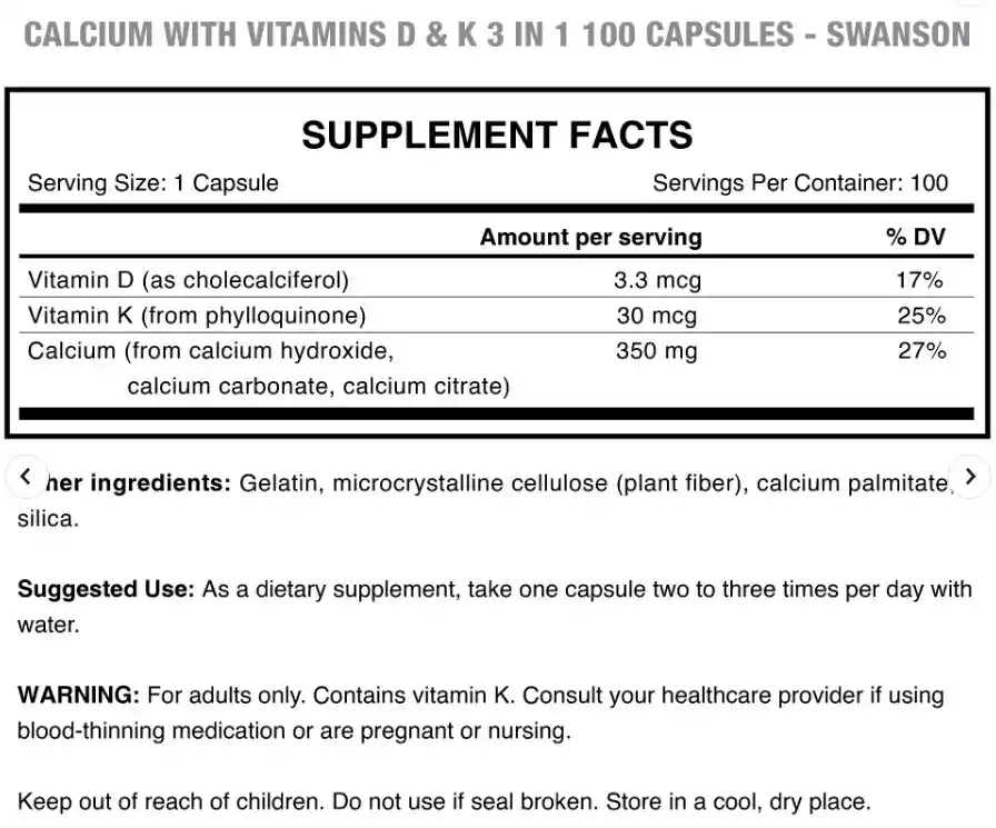 Calcium With Vitamins D & K 100 Caps