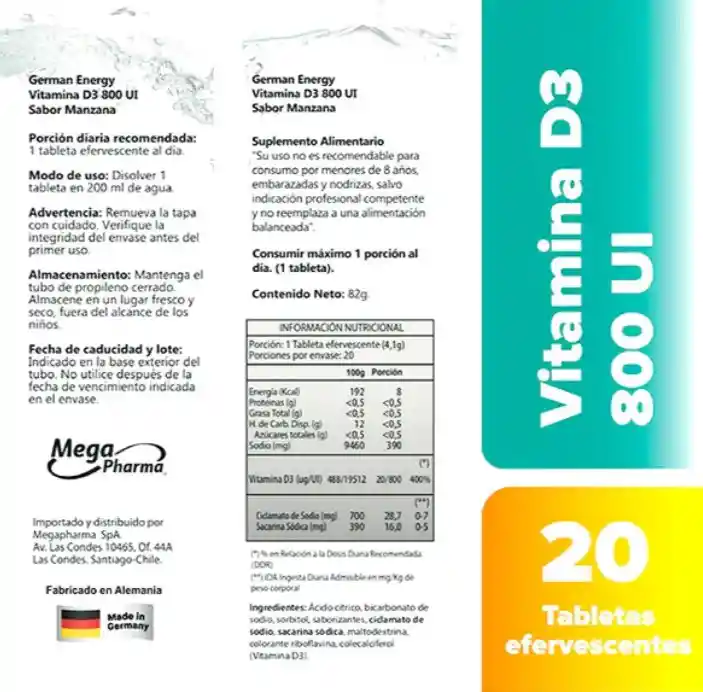 Vitamina D3 800 Ui 20 Tabs Efervescentes Sabor Manzana