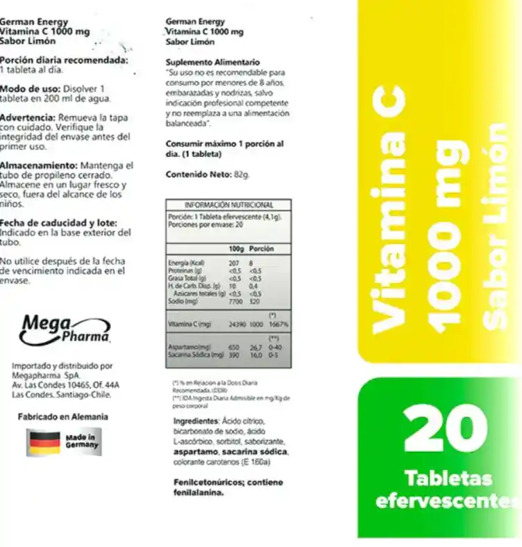Vitamina C 1000mg 20 Tabs Efervescentes Sabor Limón