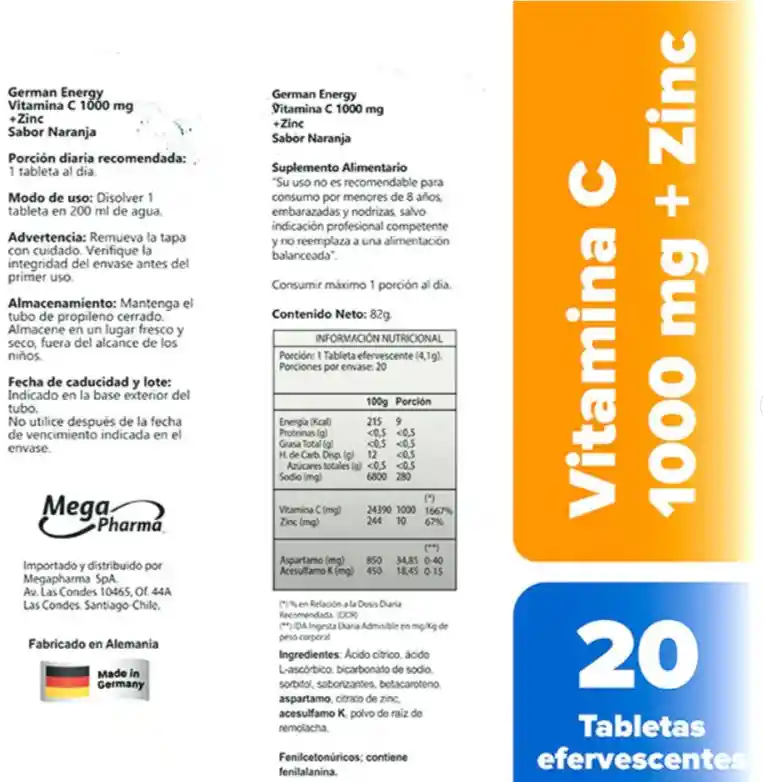 Vitamina C 1000mg + Zinc 20 Tabs Efervescentes Sabor Naranja