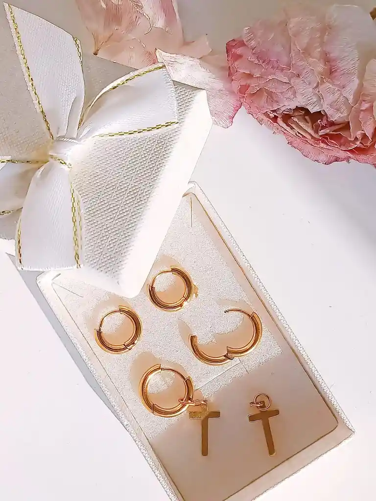 Pack De Aros Argollas Cruz Doble Uso Chapadas En Oro 18k