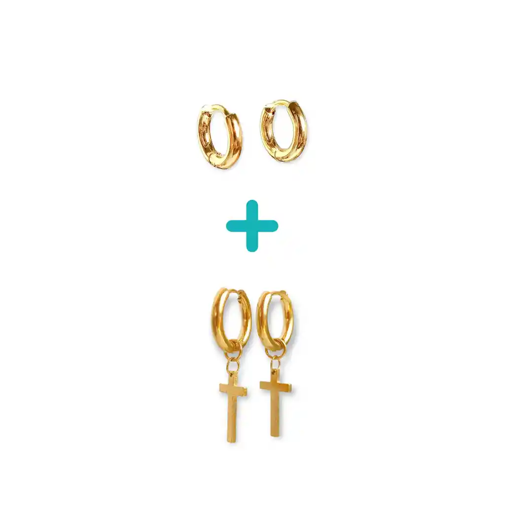 Pack De Aros Argollas Cruz Doble Uso Chapadas En Oro 18k