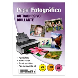 Papel Fotográfico Inkjet - A4 Autoadhesivo Brillante 180 Gr 20 Hojas