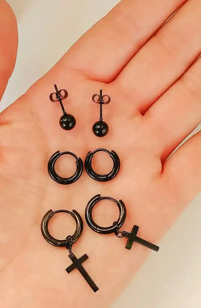 Pack De 3 Pares Aros Argollas Esfera Negras Piercing Oreja