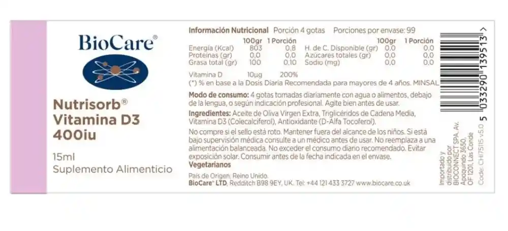 Biocare · Vitamina D3 En Gotas 400 U.i Bio-d