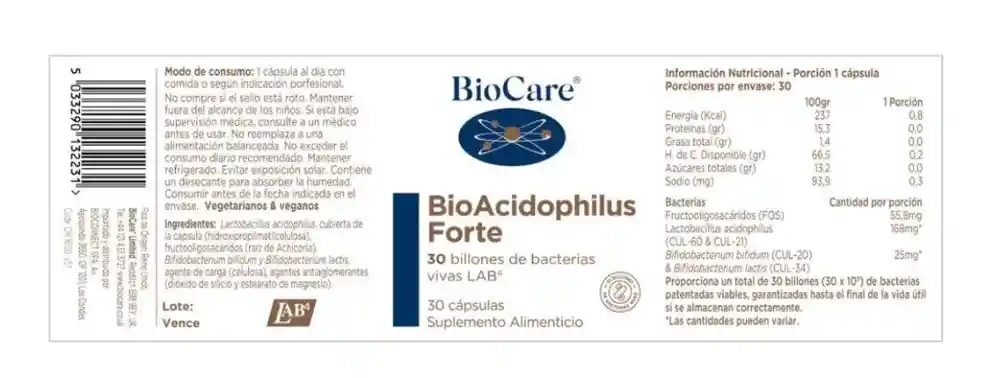 Biocare · Probiotico Forte 30 Billones 30 Cápsulas - Bioacidophilus 30 Bill