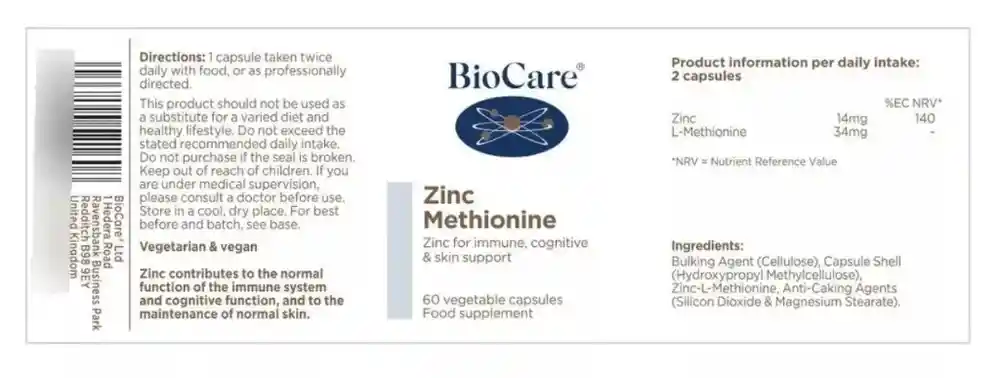 Biocare · Zinc Metionina (methionine) 60 Cápsulas