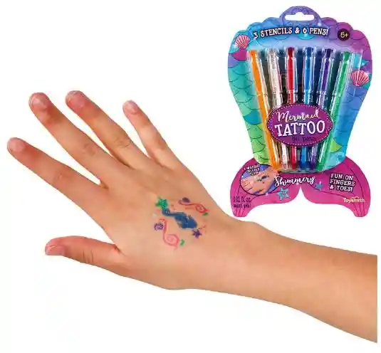 Toysmith Mermaid Tattoo Gel Pens ¡3 Stencils 6 Pens!