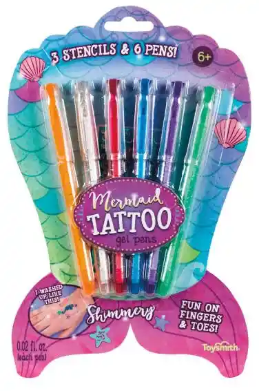 Toysmith Mermaid Tattoo Gel Pens ¡3 Stencils 6 Pens!