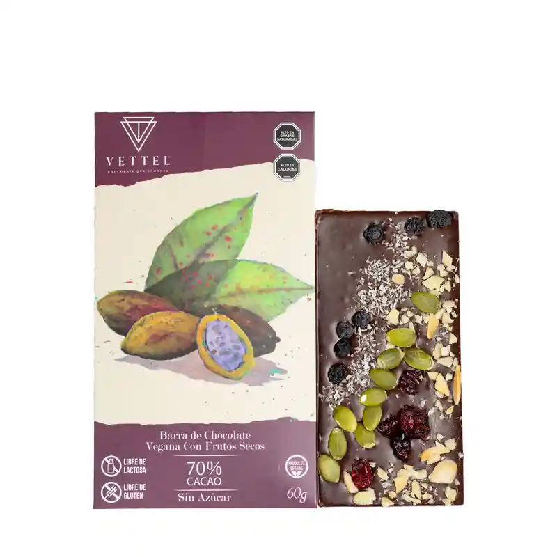 Barra Vegana 70% Cacao Frutos Secos 60 Gramos