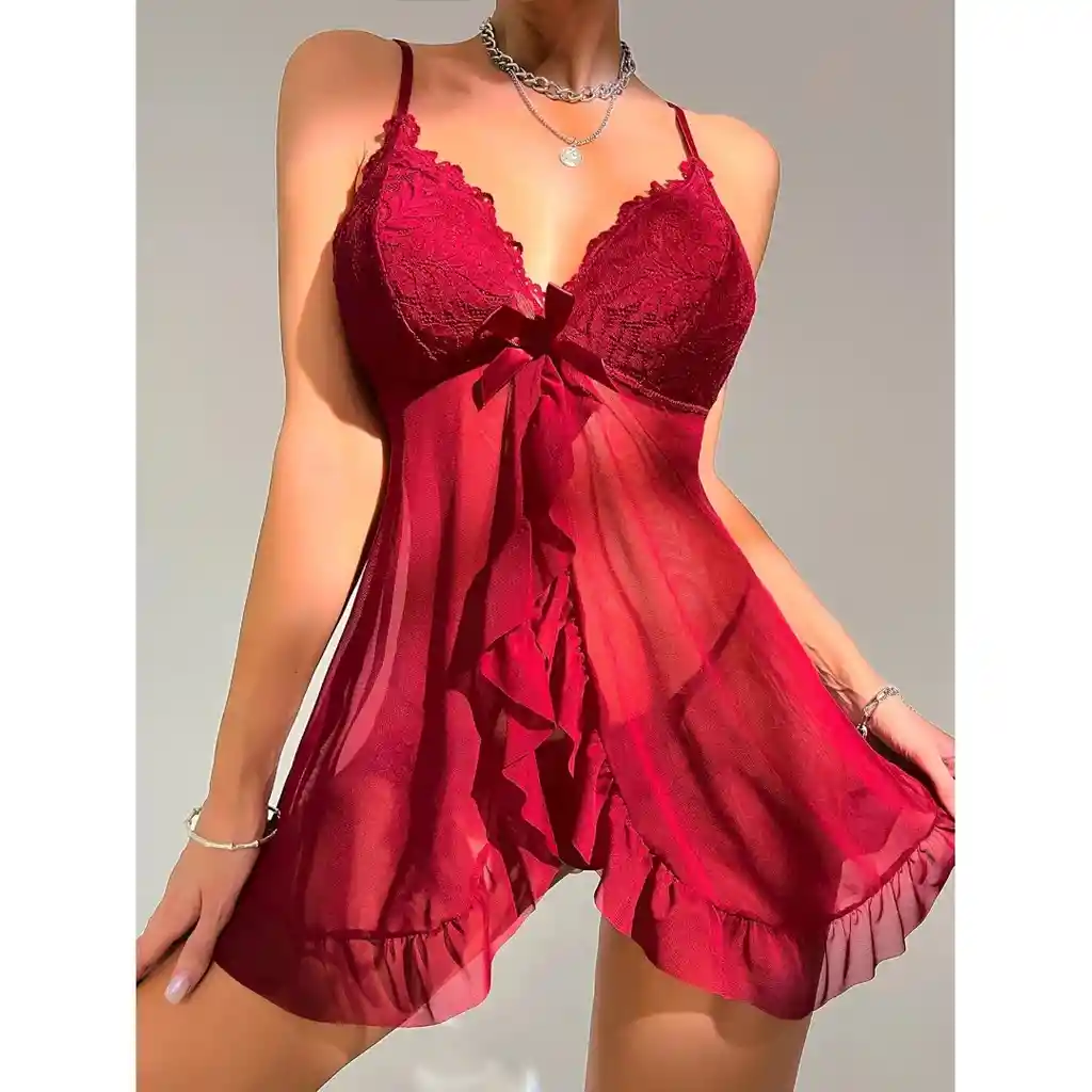 Babydoll Con Encaje Floral Burdeos Talla L