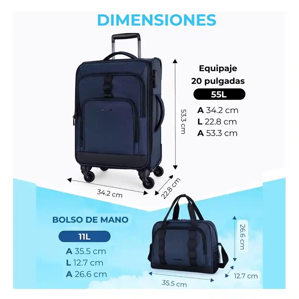 Bagsmart Set Maleta De Mano Expandible 45l + Bolso De Mano 11l - Azul